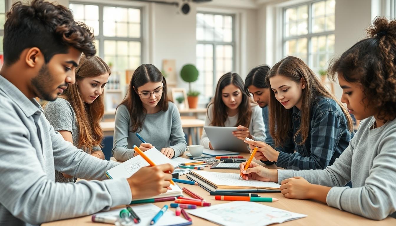 Students studying together in modern classroom